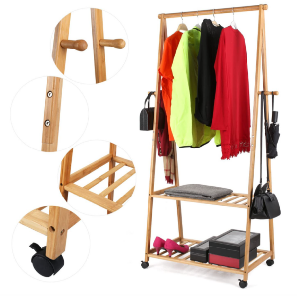 Rolling Garment Rack with Wheels, Two-Tier Shelves for Storage, and Four Coat Hooks Made of Bamboo - Image 4