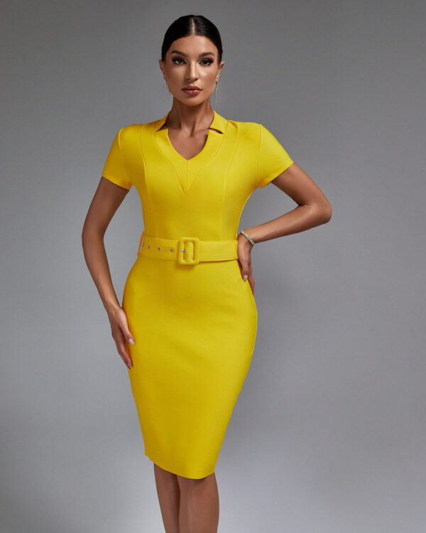 Premium Summer Formal Career V-neck Short Sleeve Solid Bandage Dress Knee Length With Belt - Image 6