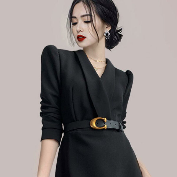 Modern Black Official Turn-Down Collar with V-neck and Belt for Women's Career Office Dresses - Image 5