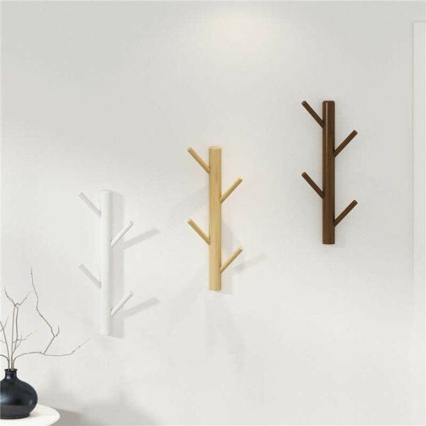 Wall-mounted wooden coat racks stands with a tree-shaped hanger for clothes and hats in the living room - Image 4