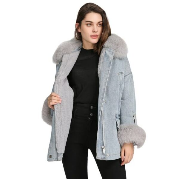 Women's faux fur collar winter coat in blue jeans and denim for ladies with fur, available in quantity - Image 4