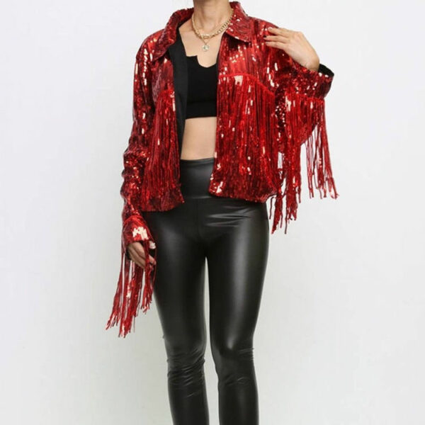 Women's Fashion Tassel Sequin Jacket with Gold Fringes and Black Black Colors for Hip Hop Style - Image 4