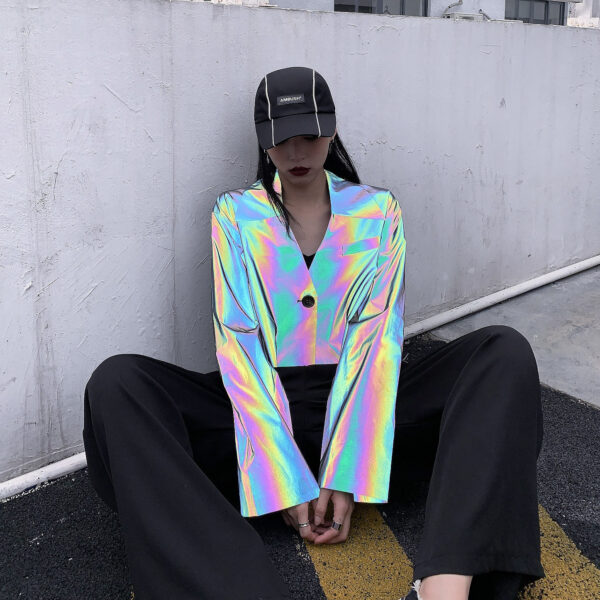 Rainbow Women Crop Top Holographic Reflective Jacket, New Fashion Women's Clothing, Wholesale Jackets - Image 3