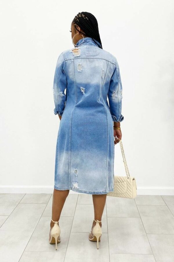 Women's Solid Color Long Denim Trench Coat with Ripped Holes and Tassels - Image 5