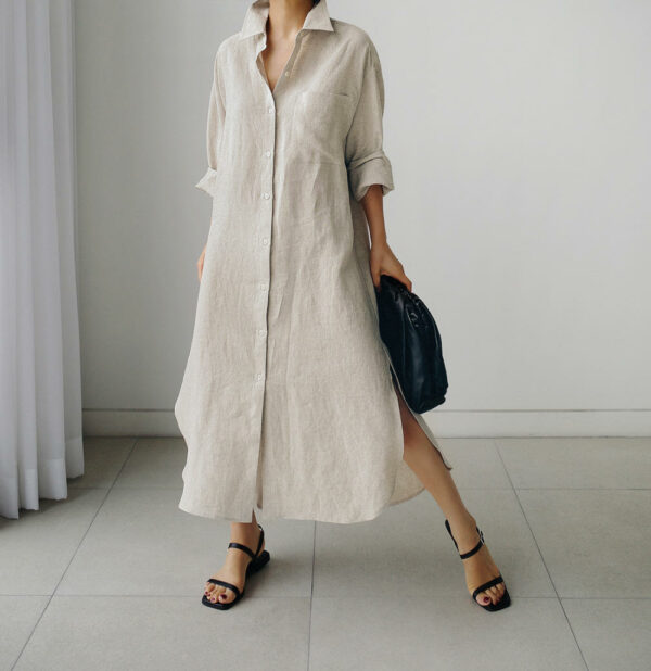 Women's Customized Elegant Style Button Maxi Long Cotton Linen Smart Casual Shirt Dresses - Image 4