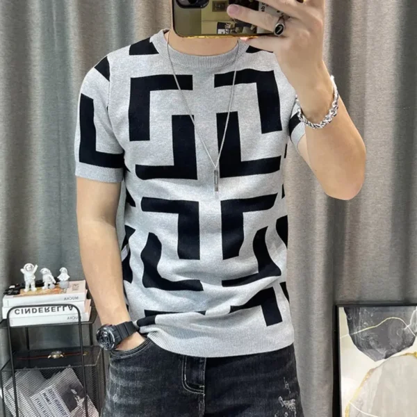 Men's Slim Streetwear Color Contrast T-Shirt, Three Color Short Sleeve Knitting T-Shirt, Homme Social Club Outfits T-Shirt - Image 4