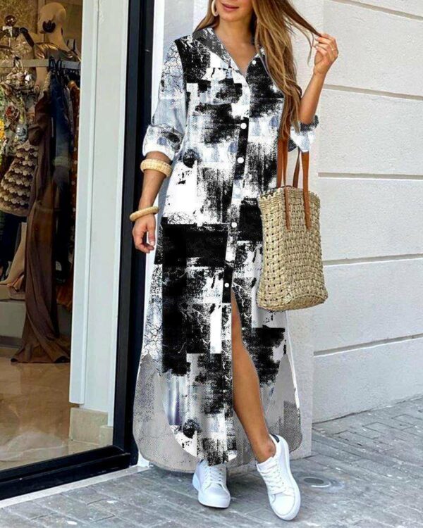 Autumn Long Shirt Dresses Women Pocketed Fashion Print Elegant Plus Size 5XL Casual Dress, New Long Sleeve Single Breasted Dress - Image 4