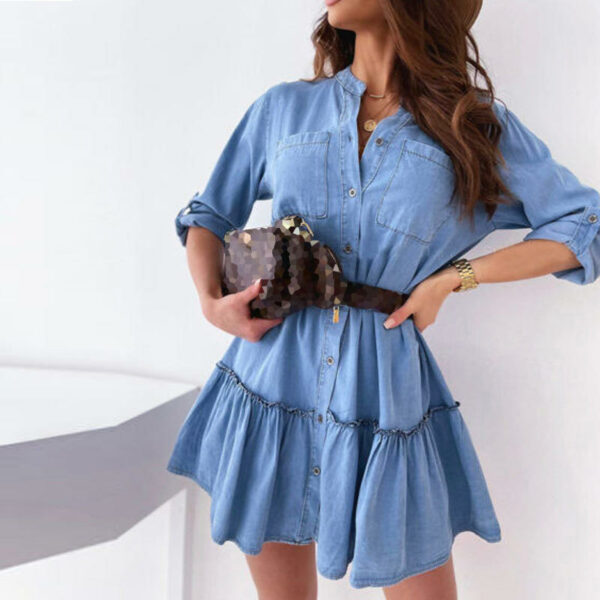 Summer Light Blue Long Sleeve Shirt Dress Office Ladies Casual Loose Streetwear Dress Big Pocket Button Ruffles Solid Dress