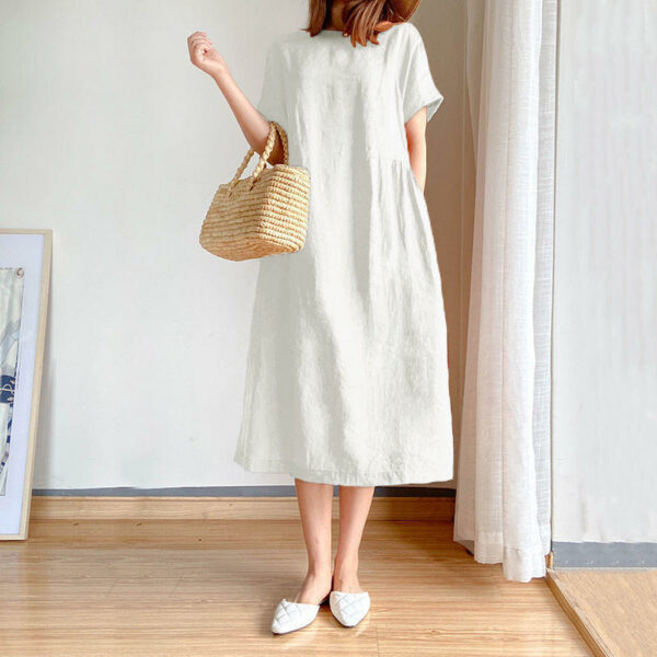 Cotton Linen Dresses for Women Vestidos De Mujer Summer Women's Dress Casual Loose Loose Short Sleeve A-line Oversized Solid Midi Dress - Image 5