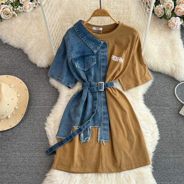 Women's Casual Long Top T-Shirt Dresses with Round Neck and Color Blocking Denim Shirt Style - Image 4