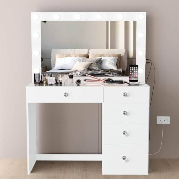 Mirrored makeup vanity desk with lights Crystal Knobs Elegant White Dressing Table with Five Drawers and Storage Glass Top for Bedroom - Image 4