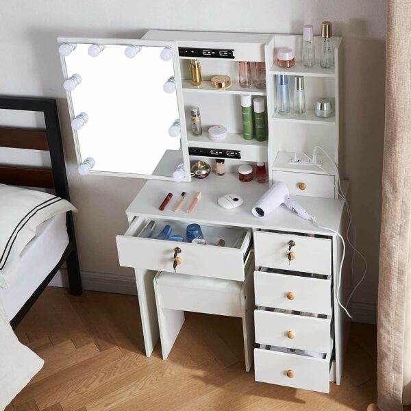 Vanity Set Dresser Desk with Sliding Illuminated Mirror for Cosmetics that Charges