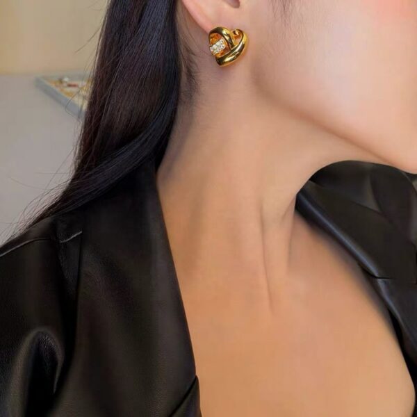 New 18k Real Gold Plated Baroque Brass Patchwork Earrings with a Geometric Heart Shaped Zirconia - Image 5