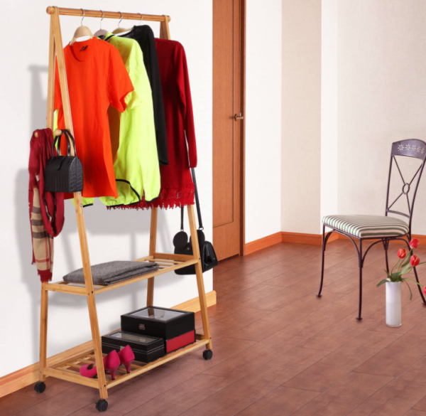 Rolling Garment Rack with Wheels, Two-Tier Shelves for Storage, and Four Coat Hooks Made of Bamboo - Image 5