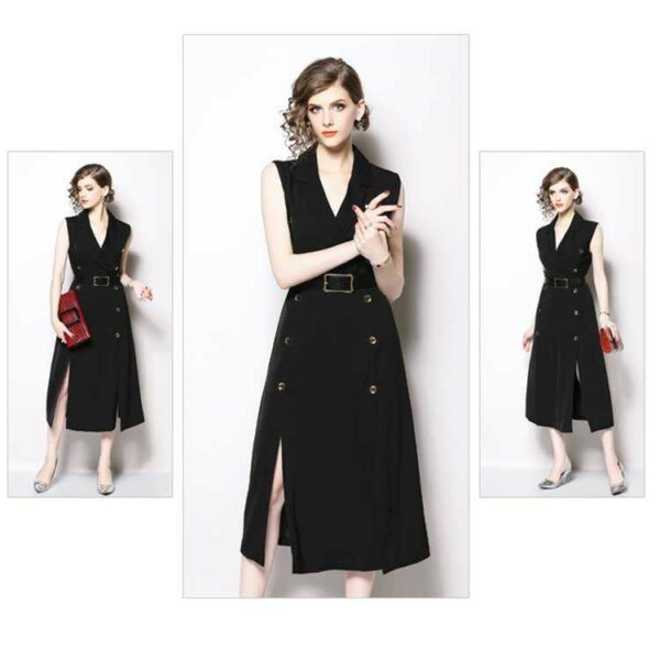 Sleeveless Career Dress for Women in Black Long Casual V-Neck Office Dresses - Image 6