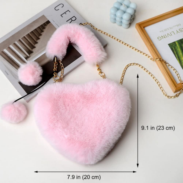 Heart-shaped, fluffy, faux fur shoulder bag that is lightweight, eco-friendly, and ideal for ladies and girls in the fall and winter - Image 6