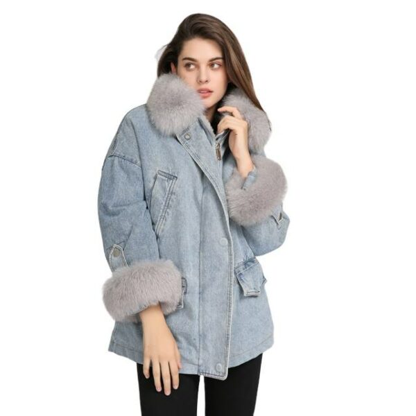 Women's faux fur collar winter coat in blue jeans and denim for ladies with fur, available in quantity - Image 5