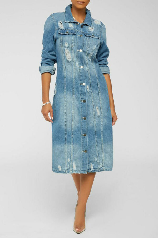 Women's Solid Color Long Denim Trench Coat with Ripped Holes and Tassels - Image 6