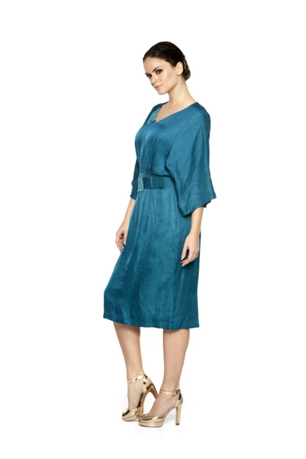 Summer Short Sleeve V Neck Bohemian Resort Point Solid Casual Dress with Cut Work Bat Wings of Export-Quality - Image 5