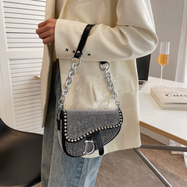 Women's Fashion Saddle Bag with Luxurious Design, Thick Chain and Brilliant Diamond for Women's Underarm Carrying - Image 2