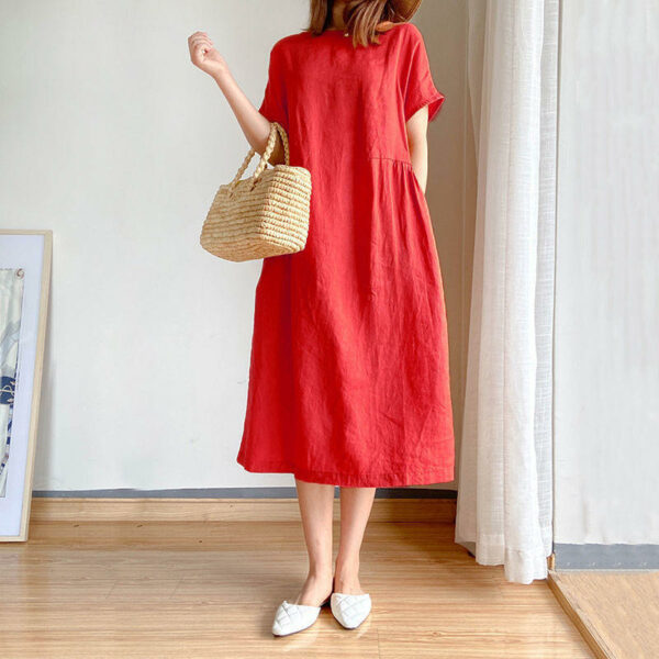 Cotton Linen Dresses for Women Vestidos De Mujer Summer Women's Dress Casual Loose Loose Short Sleeve A-line Oversized Solid Midi Dress - Image 6