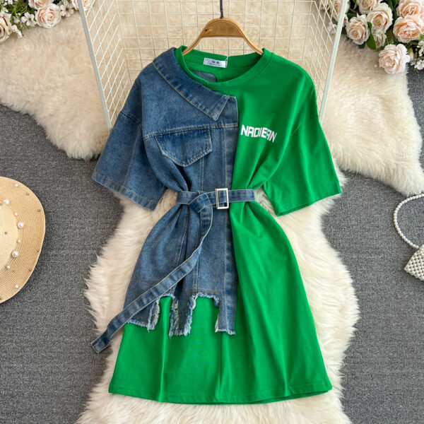 Women's Casual Long Top T-Shirt Dresses with Round Neck and Color Blocking Denim Shirt Style - Image 5