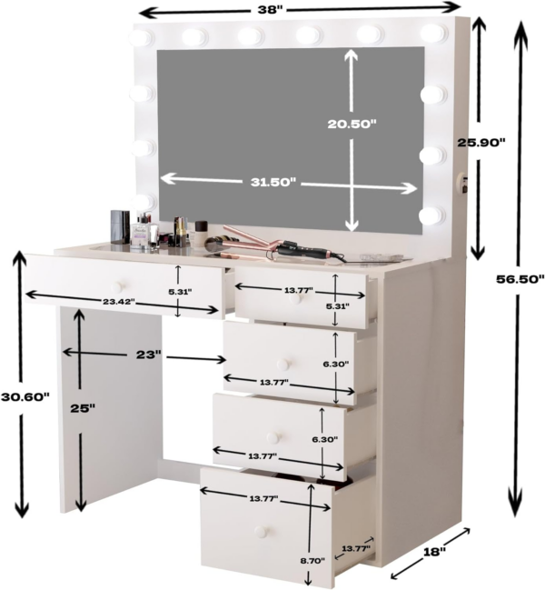 Mirrored makeup vanity desk with lights Crystal Knobs Elegant White Dressing Table with Five Drawers and Storage Glass Top for Bedroom - Image 5