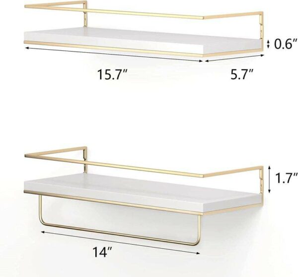 Well-liked Floating Shelves for Decoration Two hanging wall shelves with a golden towel rack that double as decorative storage shelves - Image 6