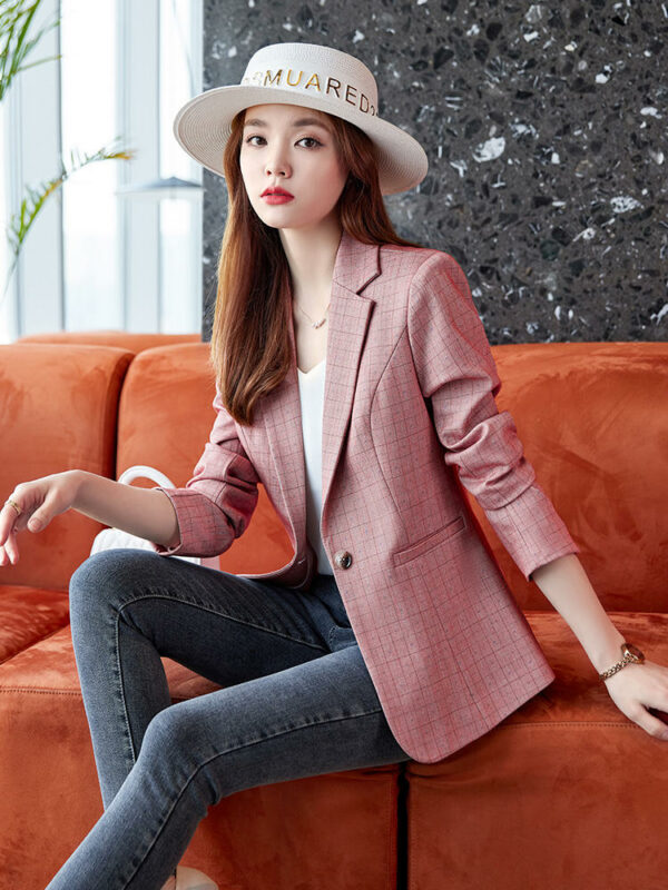 Women's Foreign Style Pink Plaid Small Suit Jacket for Spring/Autumn Design Leisure Business Attire Old Temperament Ageing