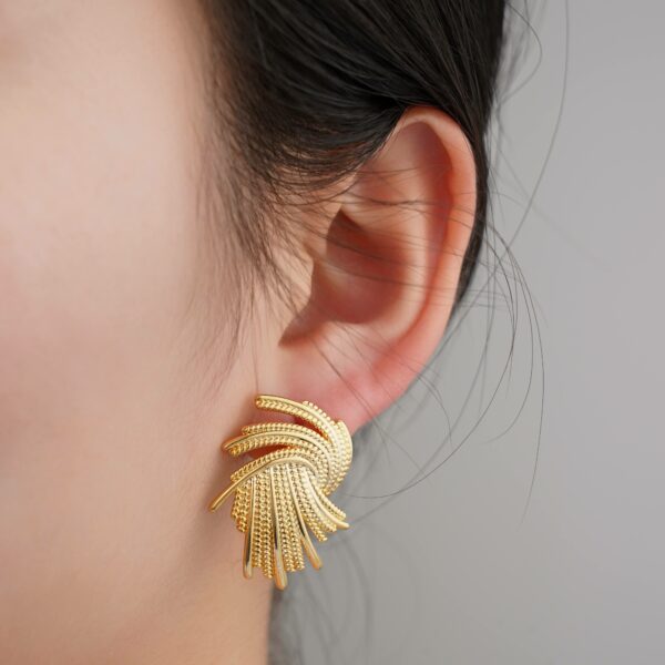 18K gold-plated, spiral-splash textured brass stud earrings that are stylish and vintage. - Image 5