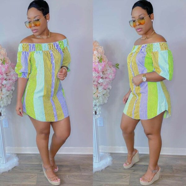 Women's Off Shoulder Short Sleeve Summer Dress with Striped Print and Contrast Color for Summer Casual Wear - Image 6