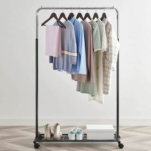 High-quality metal coat rack on a mobile stand that is floor-standing and has wheels.