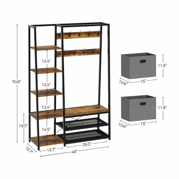 Coat Stand with Storage Bench and Wooden Hanger for Clothes and Standing Coat Shelf - Image 5