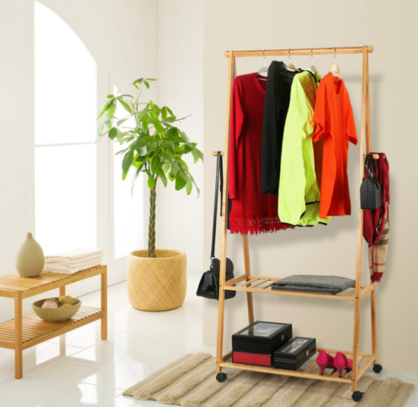 Rolling Garment Rack with Wheels, Two-Tier Shelves for Storage, and Four Coat Hooks Made of Bamboo