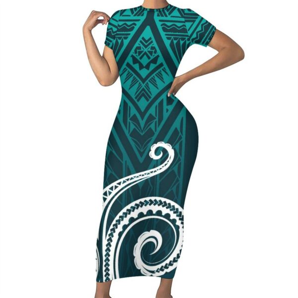 O Neck Short Sleeve Long Bodycon Tight Dresses Are a Hot Selling Style Gowns Plus Size Women's Dresses Polynesian Tattoo Printed Maxi Dress - Image 6