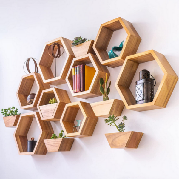 Hexagon Floating Shelves with Honeycomb Decor on Wall for Wooden Plant Pots - Image 7