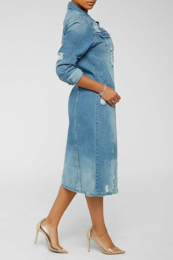 Women's Solid Color Long Denim Trench Coat with Ripped Holes and Tassels - Image 7