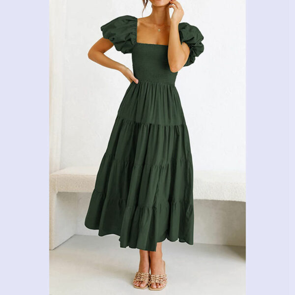 See this adorable women's summertime flowy smocked midi dress with a square neck and puffy sleeves. - Image 7