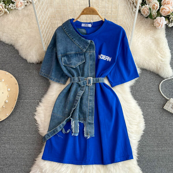 Women's Casual Long Top T-Shirt Dresses with Round Neck and Color Blocking Denim Shirt Style - Image 6