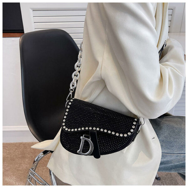 Women's Fashion Saddle Bag with Luxurious Design, Thick Chain and Brilliant Diamond for Women's Underarm Carrying - Image 4