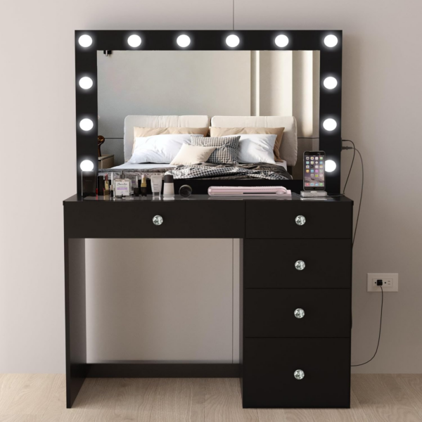 Mirrored makeup vanity desk with lights Crystal Knobs Elegant White Dressing Table with Five Drawers and Storage Glass Top for Bedroom