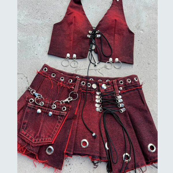 Women's New Arrival Apparel Summertime lace-up top and pleated skirt set in a stylish two-piece combination, casual jeans and denim skirt  - Image 6