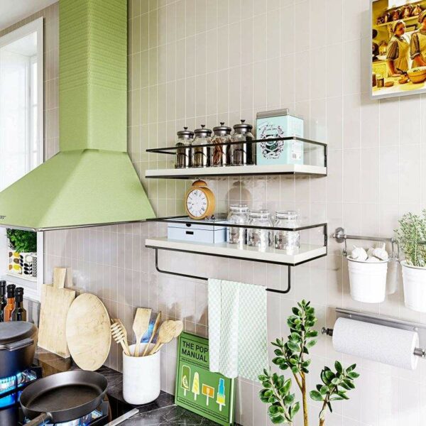 Well-liked Floating Shelves for Decoration Two hanging wall shelves with a golden towel rack that double as decorative storage shelves - Image 7