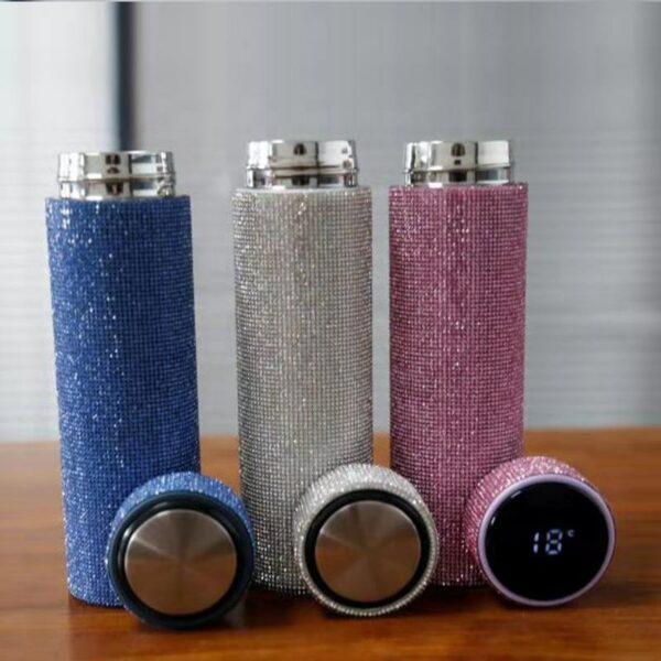 500ml personalized GEM elegant stainless steel water bottle with rhinestones, LED lights, and smart bling insulation.