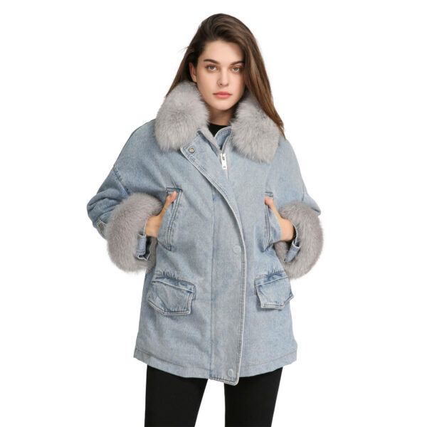 Women's faux fur collar winter coat in blue jeans and denim for ladies with fur, available in quantity - Image 2