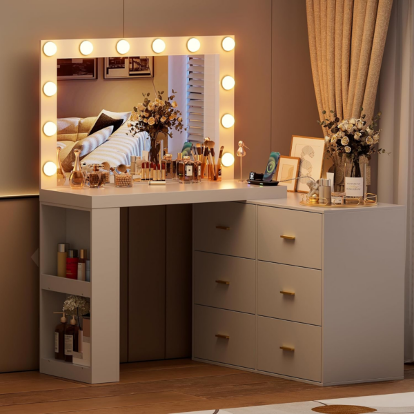 Mirrored Makeup Vanity with 3-Color Lighting Drawers Side Storage Shelves Bedroom Vanity Desk Dressing Table Charging Station Black - Image 3