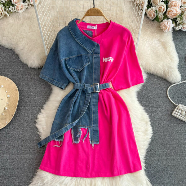 Women's Casual Long Top T-Shirt Dresses with Round Neck and Color Blocking Denim Shirt Style - Image 7