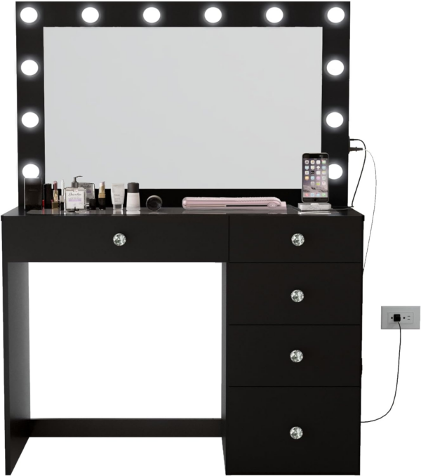 Mirrored makeup vanity desk with lights Crystal Knobs Elegant White Dressing Table with Five Drawers and Storage Glass Top for Bedroom - Image 7