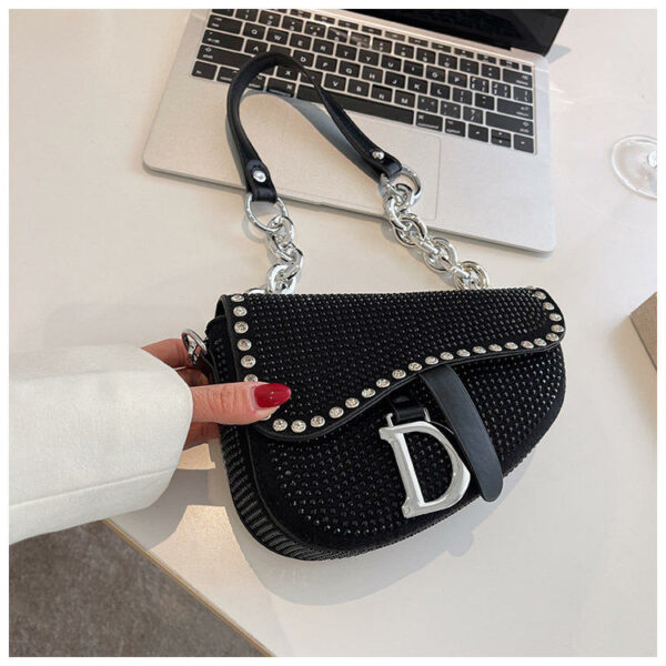 Women's Fashion Saddle Bag with Luxurious Design, Thick Chain and Brilliant Diamond for Women's Underarm Carrying - Image 3