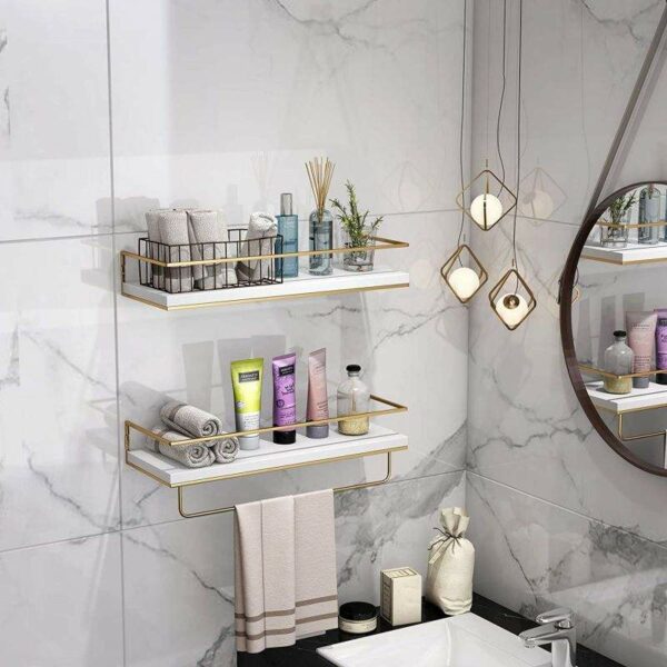 Well-liked Floating Shelves for Decoration Two hanging wall shelves with a golden towel rack that double as decorative storage shelves - Image 8